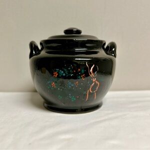 Vintage 40s Black Ceramic Cookie Jar Bean Pot Soup Crock Handpainted